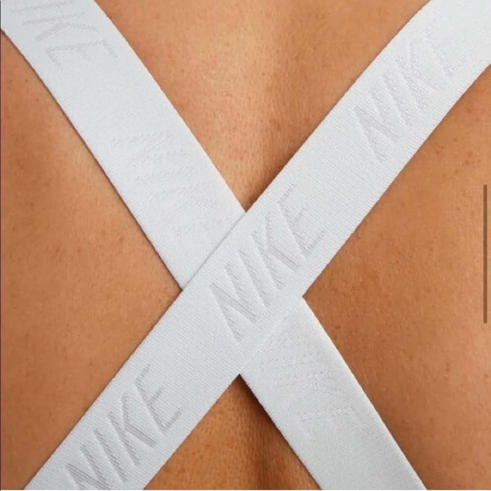 Nike White Sports Bra with Black Swoosh and Light Gray Straps